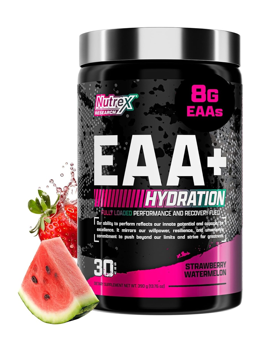 Nutrex Research EAA Hydration | EAAs + BCAA Powder | Muscle Recovery, Strength, Muscle Building, Endurance | 8G Essential Amino Acids + Electrolytes | Strawberry Watermelon 30 Serving