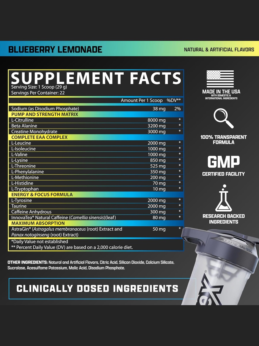 Outlift Clinical | Blueberry Lemonade, 640 g | Pre-Workout Energy, Amino Acids | 22 Servings