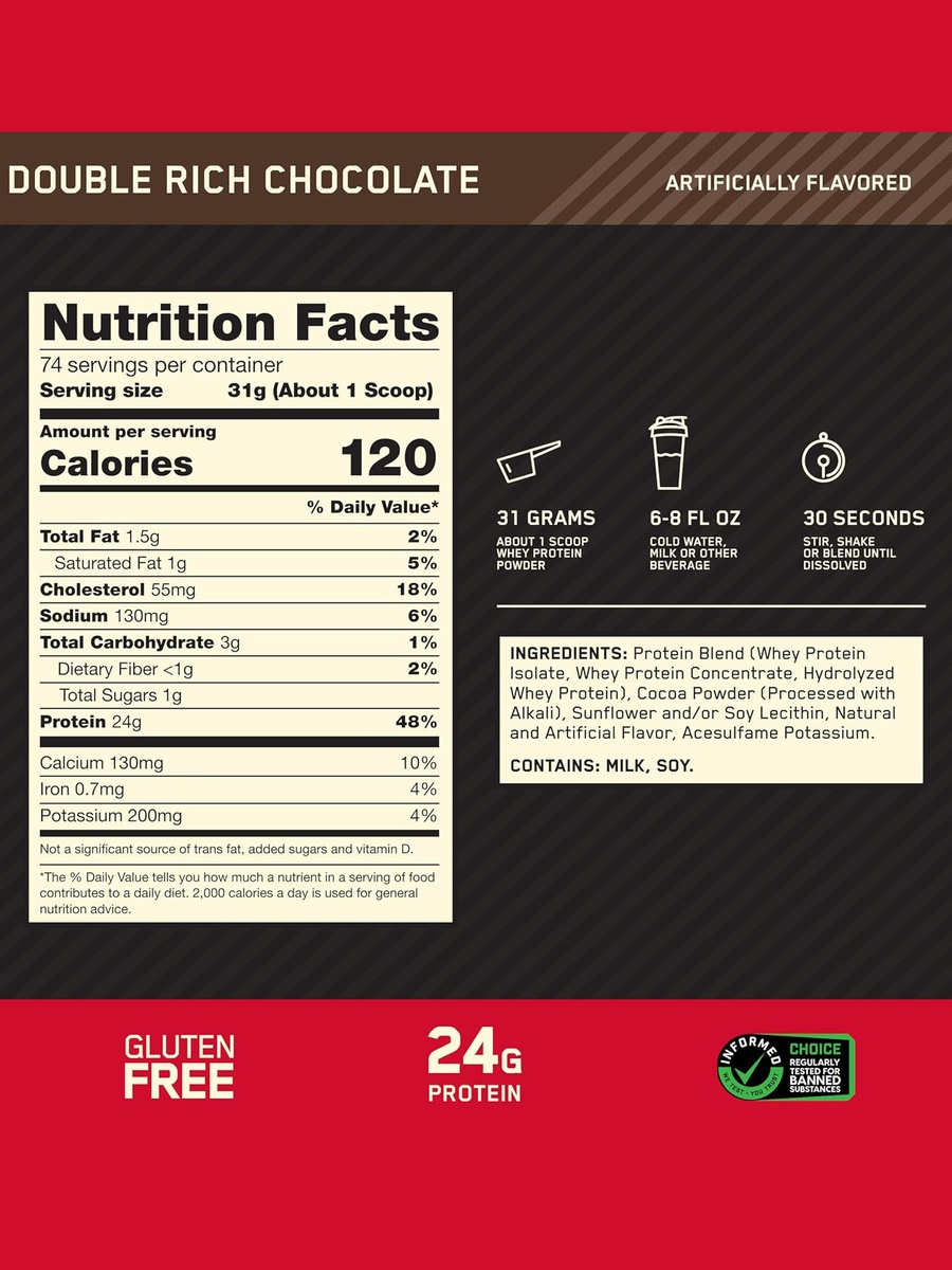 Gold Standard 100% Whey Protein Powder | Double Rich Chocolate Flavour, 5 lb (2.27 kg) | Whey Protein Isolate | Muscle Growth & Recovery Support | 74 Servings