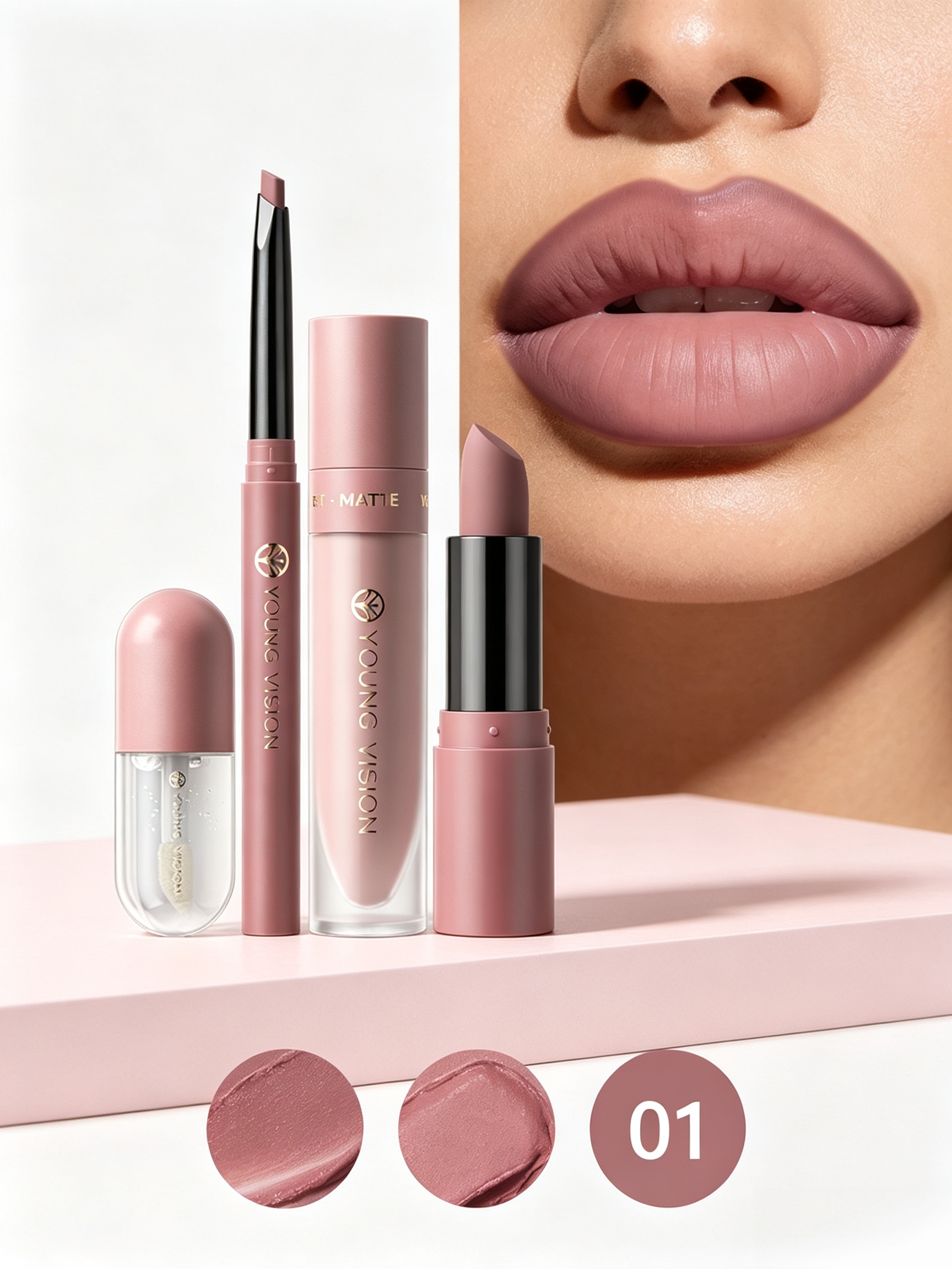 4Pcs Lip Makeup Set, #01Matte Lipstick Lip Mud Lip Liner and Lip Oil Kit