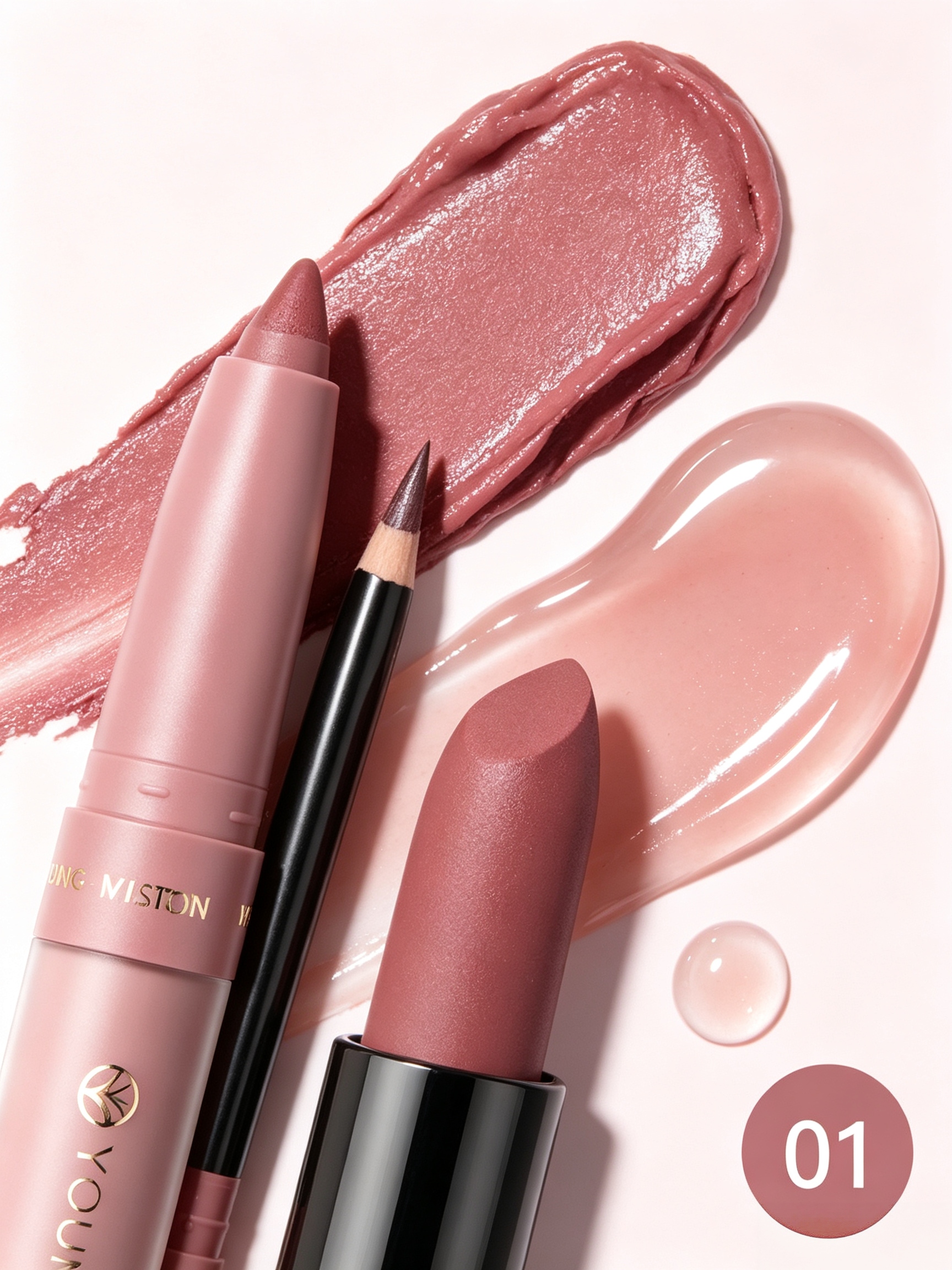 4Pcs Lip Makeup Set, #01Matte Lipstick Lip Mud Lip Liner and Lip Oil Kit