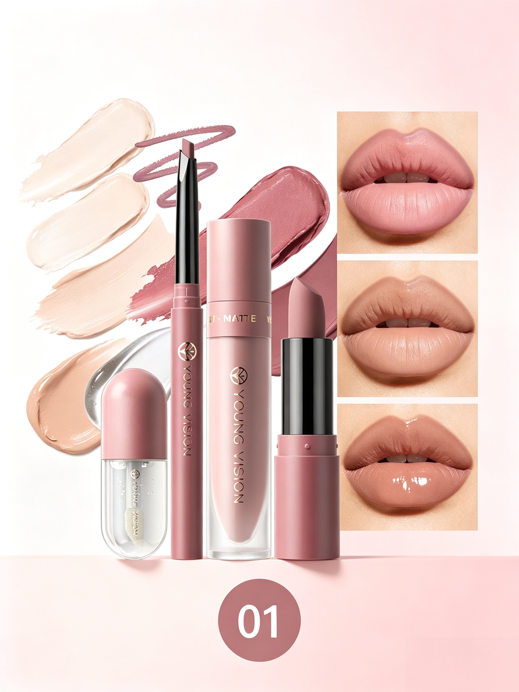 4Pcs Lip Makeup Set, #01Matte Lipstick Lip Mud Lip Liner and Lip Oil Kit