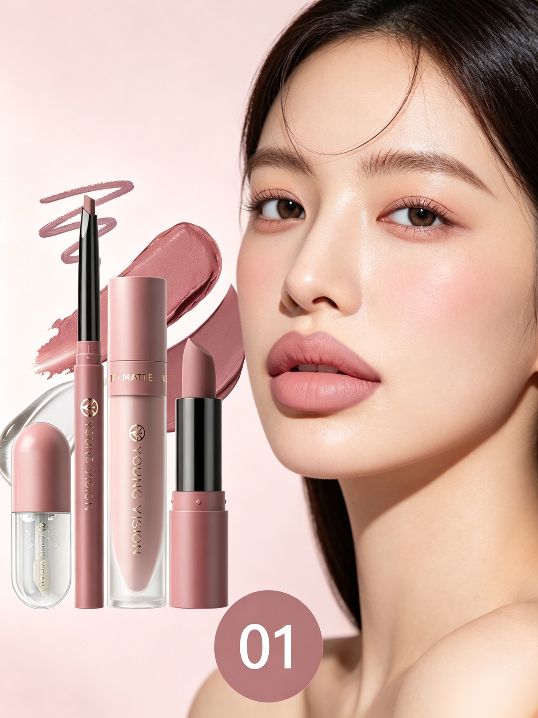 4Pcs Lip Makeup Set, #01Matte Lipstick Lip Mud Lip Liner and Lip Oil Kit