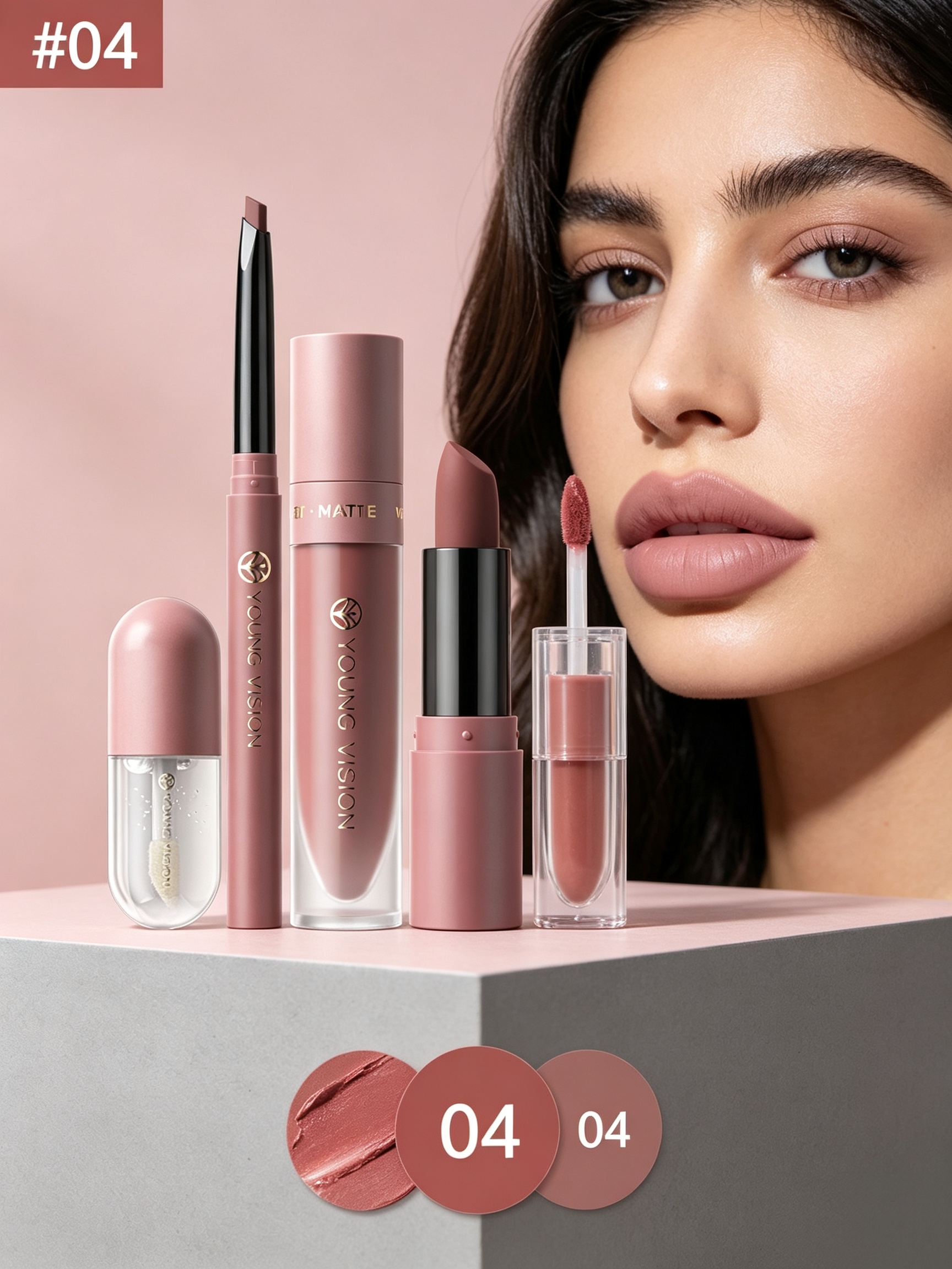 4Pcs Matte Lipstick Lip Mud Lip Liner and Lip Oil Kit