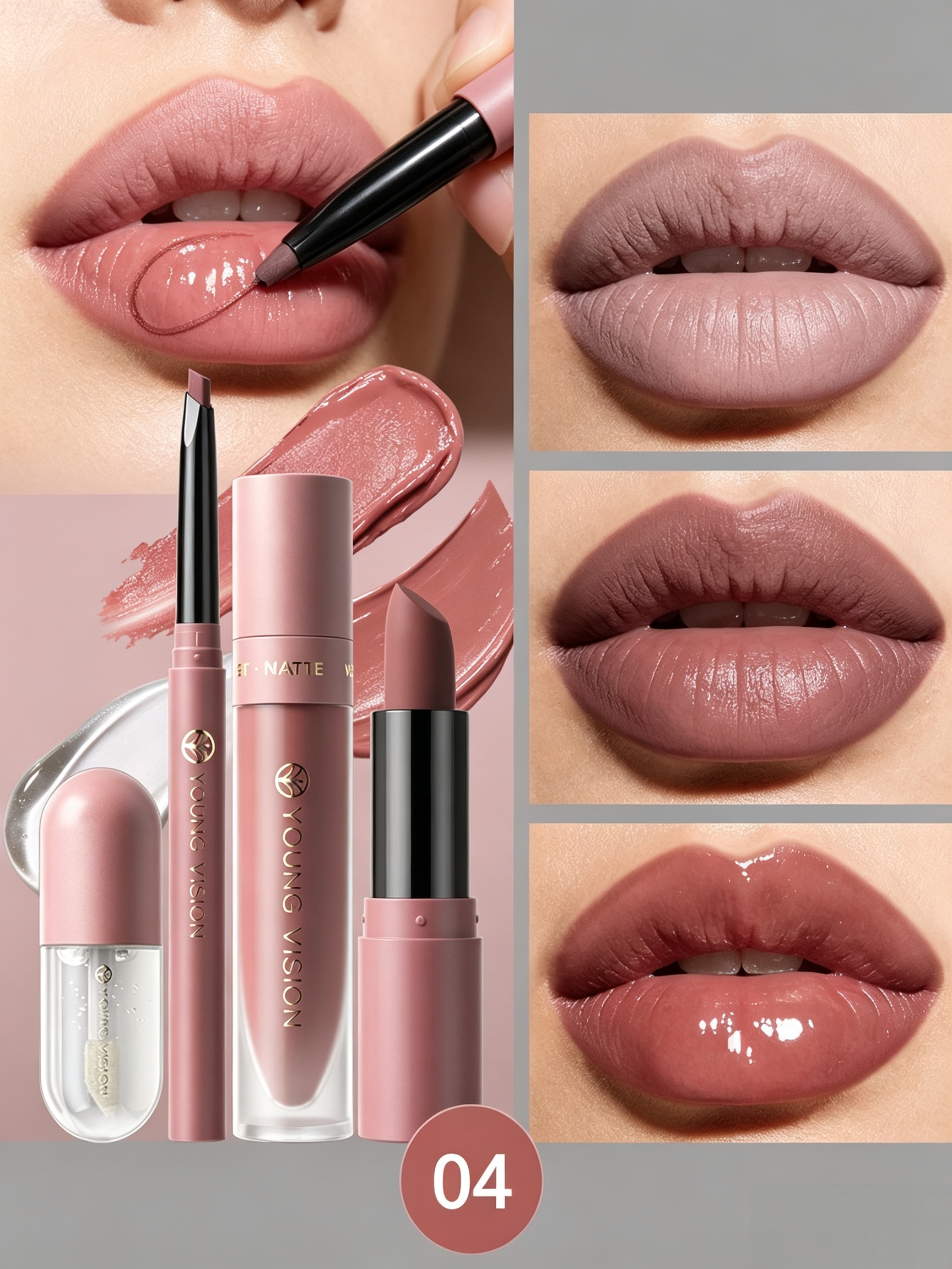 4Pcs Matte Lipstick Lip Mud Lip Liner and Lip Oil Kit