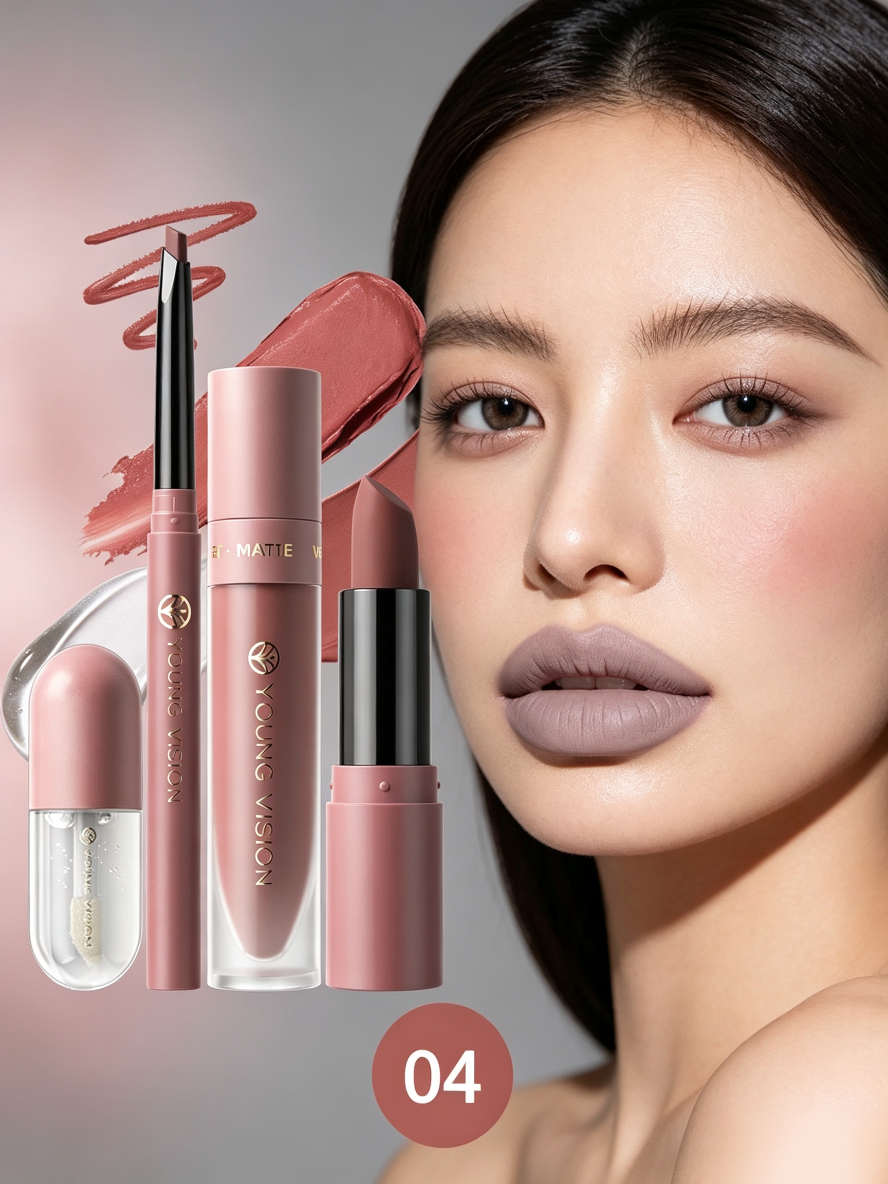 4Pcs Matte Lipstick Lip Mud Lip Liner and Lip Oil Kit