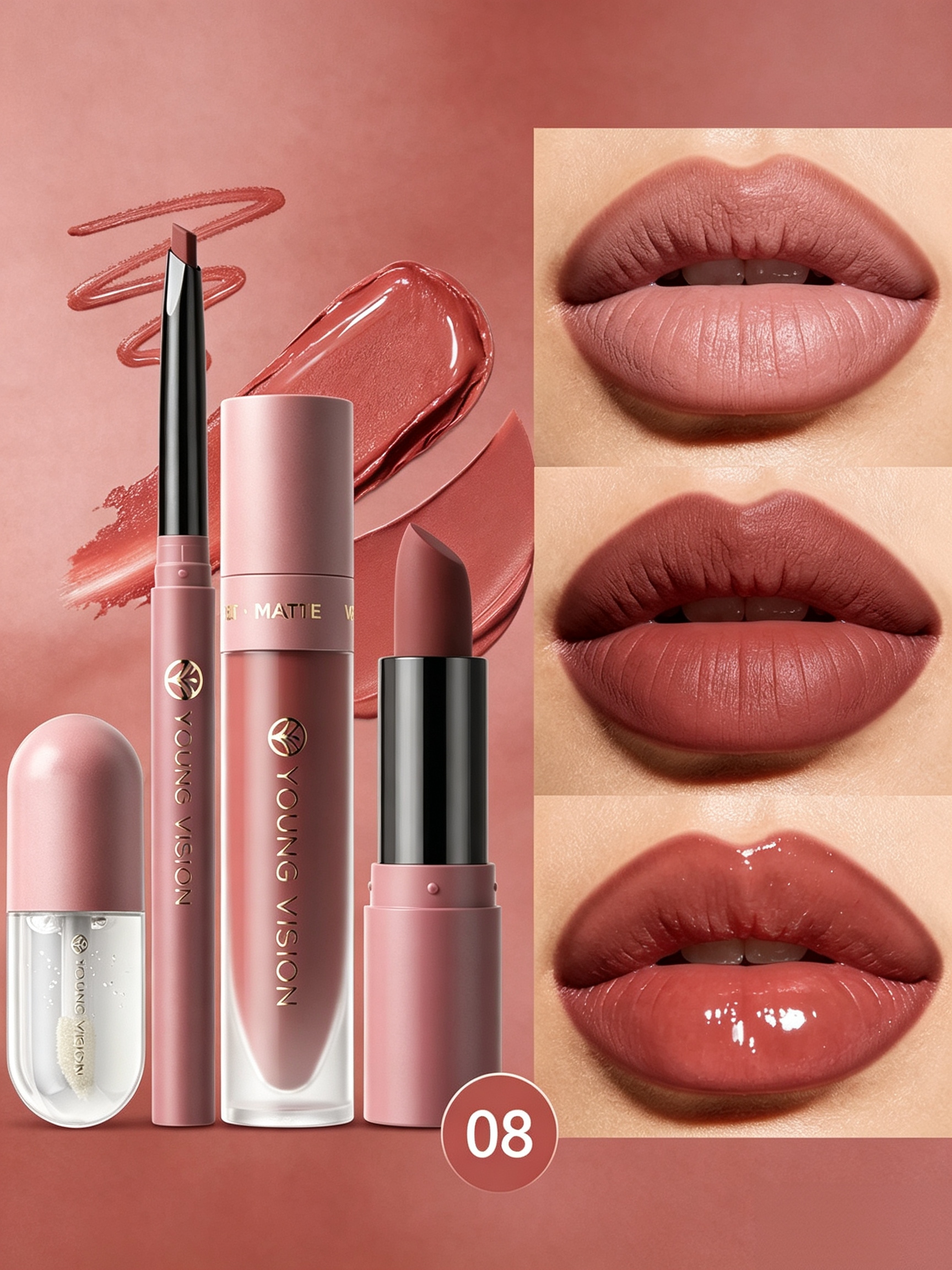 Maroon Matte Lipstick Lip Mud Lip Liner and Lip Oil Kit