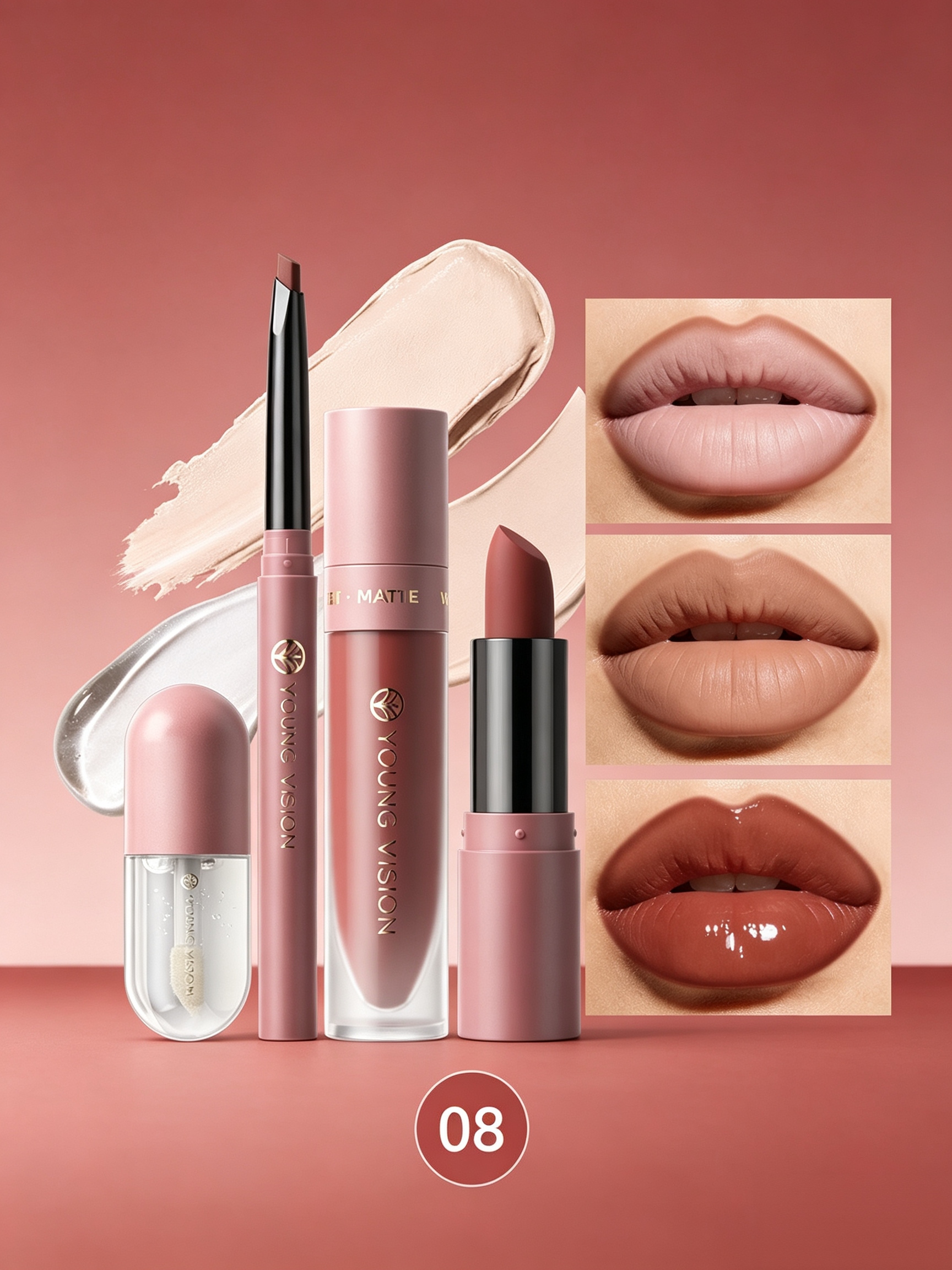 Maroon Matte Lipstick Lip Mud Lip Liner and Lip Oil Kit