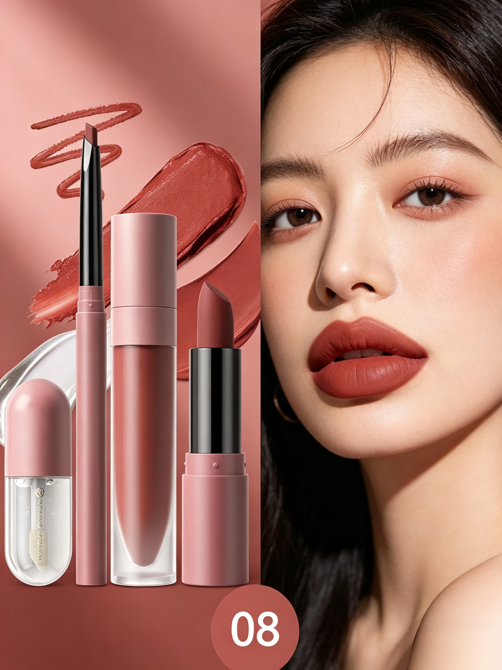 Maroon Matte Lipstick Lip Mud Lip Liner and Lip Oil Kit