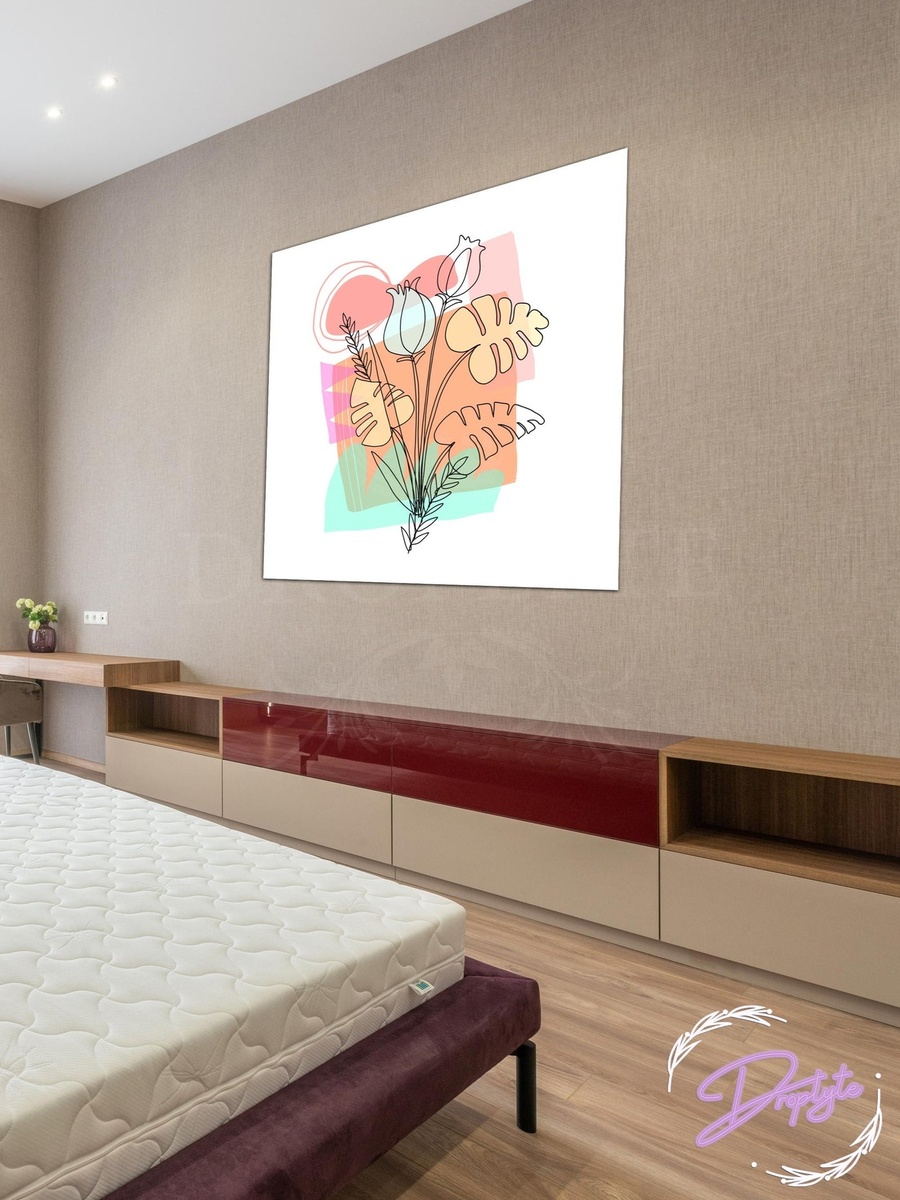 Flower and Leaves Abstract Line Art Decorative Wall Art, 50cm x 50cm