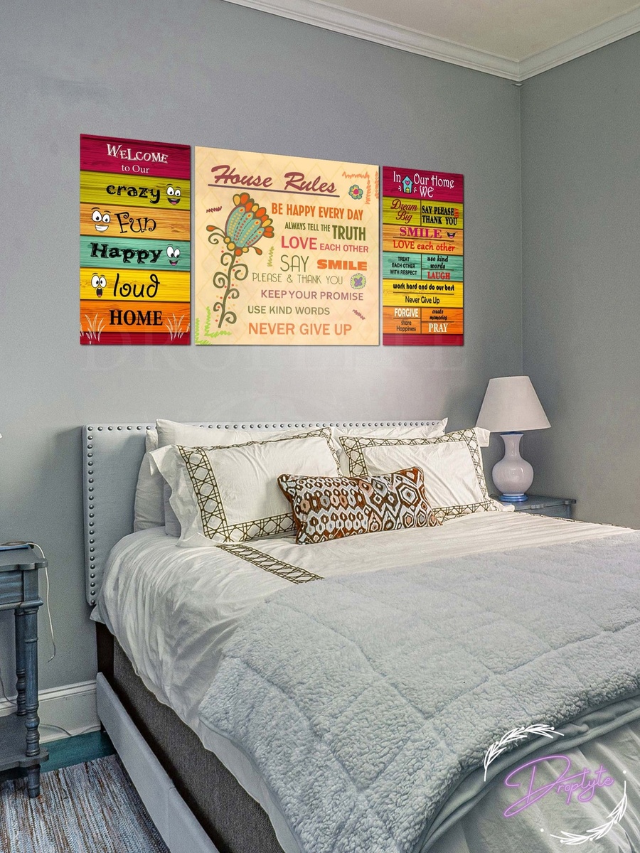 3-Piece House Rules Typography Decorative Wall Art, 120cm x 60cm