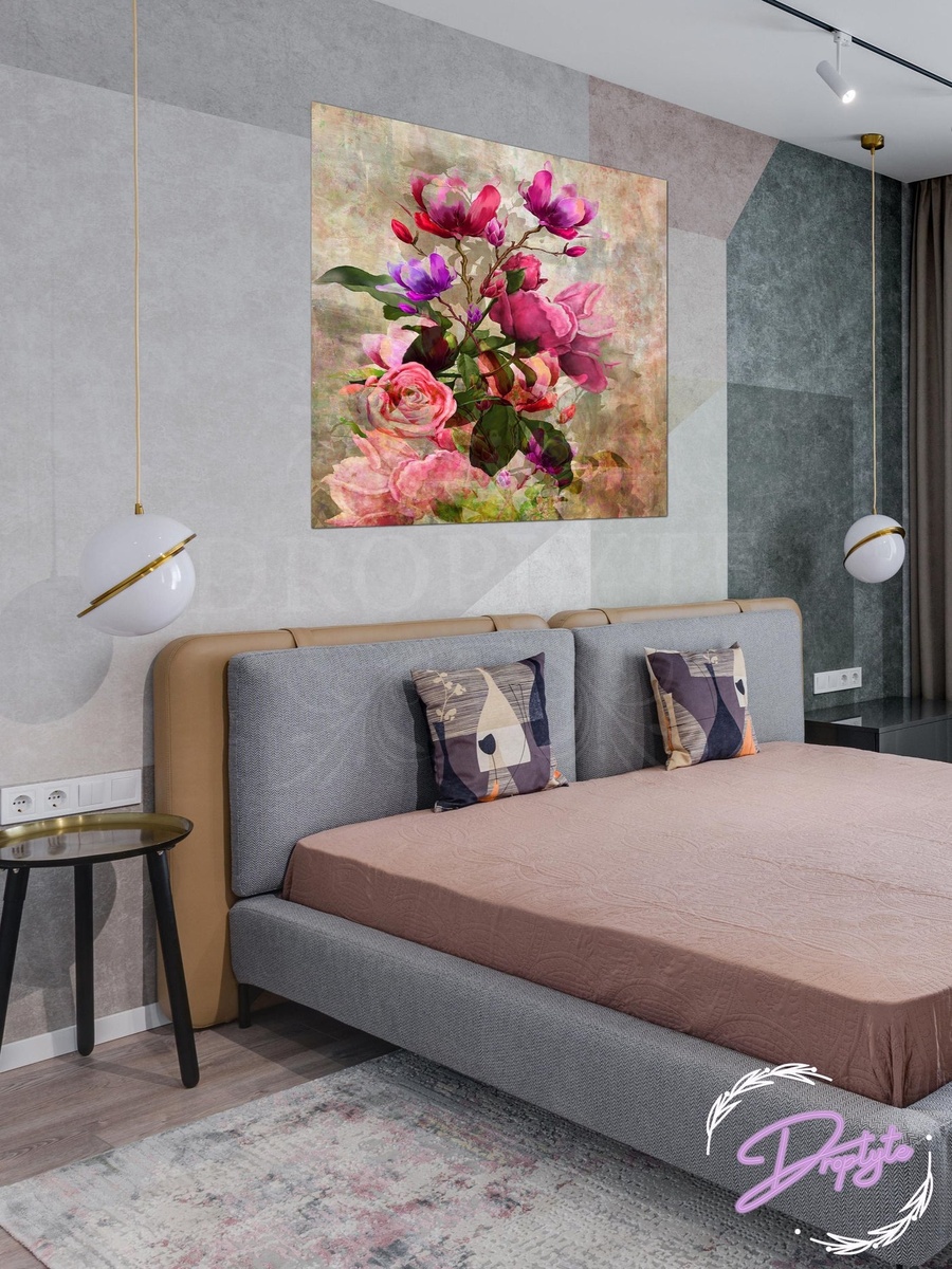 Rose Flowers and Leaves Digital Painting Decorative Wall Art, 50cm x 50cm