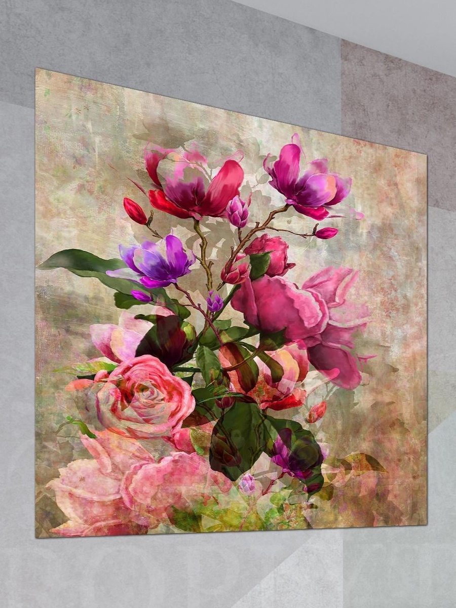 Rose Flowers and Leaves Digital Painting Decorative Wall Art, 50cm x 50cm