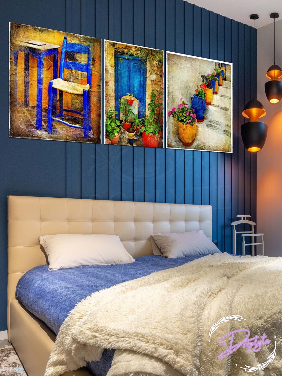 3-Piece Blue Vintage House Greenery Decorative Wall Art 110cm x 40cm