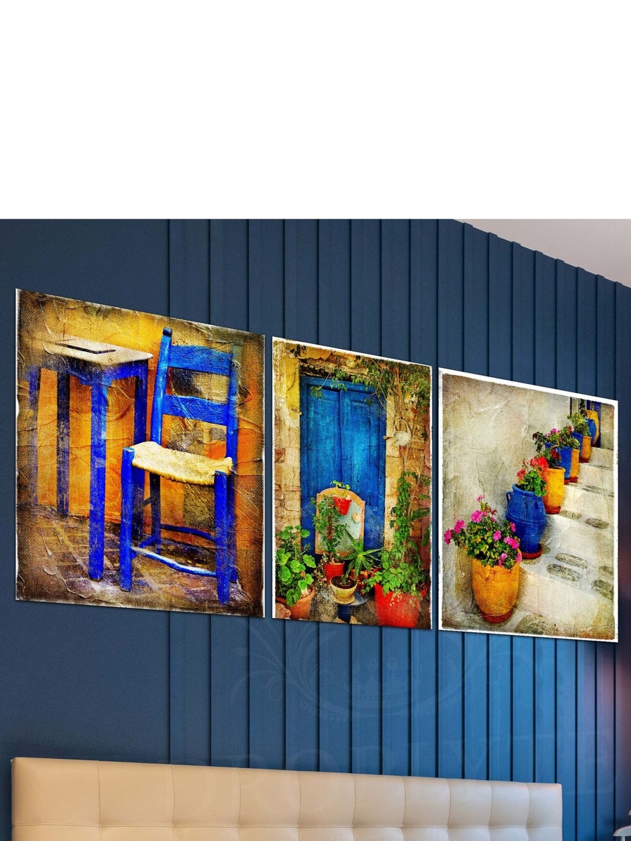 3-Piece Blue Vintage House Greenery Decorative Wall Art 110cm x 40cm