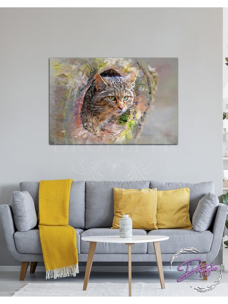 Beautiful Cat Painting Wall Art Canvas with Wooden Frame, 60cm x 40cm