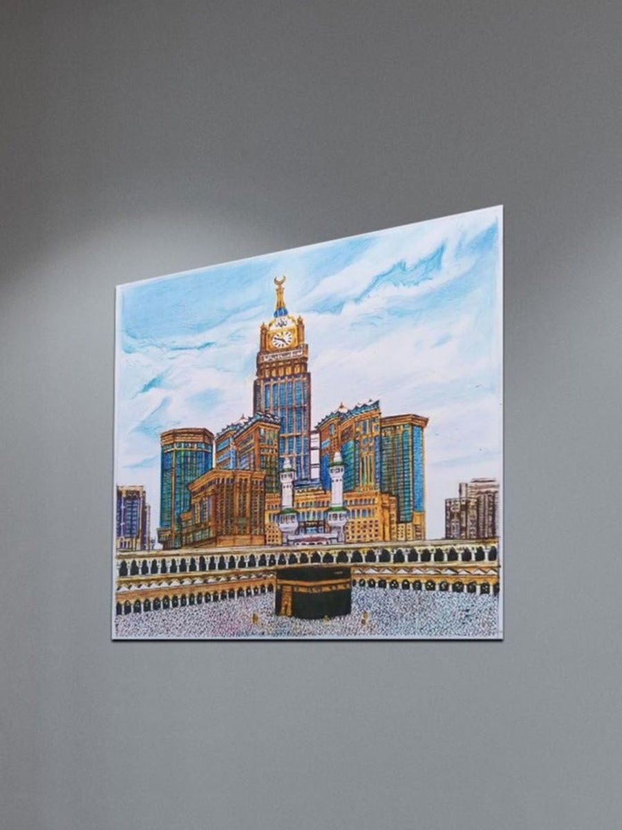 لوحة فنية جدارية ديكورية للكعبة والحرم المكي متعددة الألوان، 30 سم × 30 سم