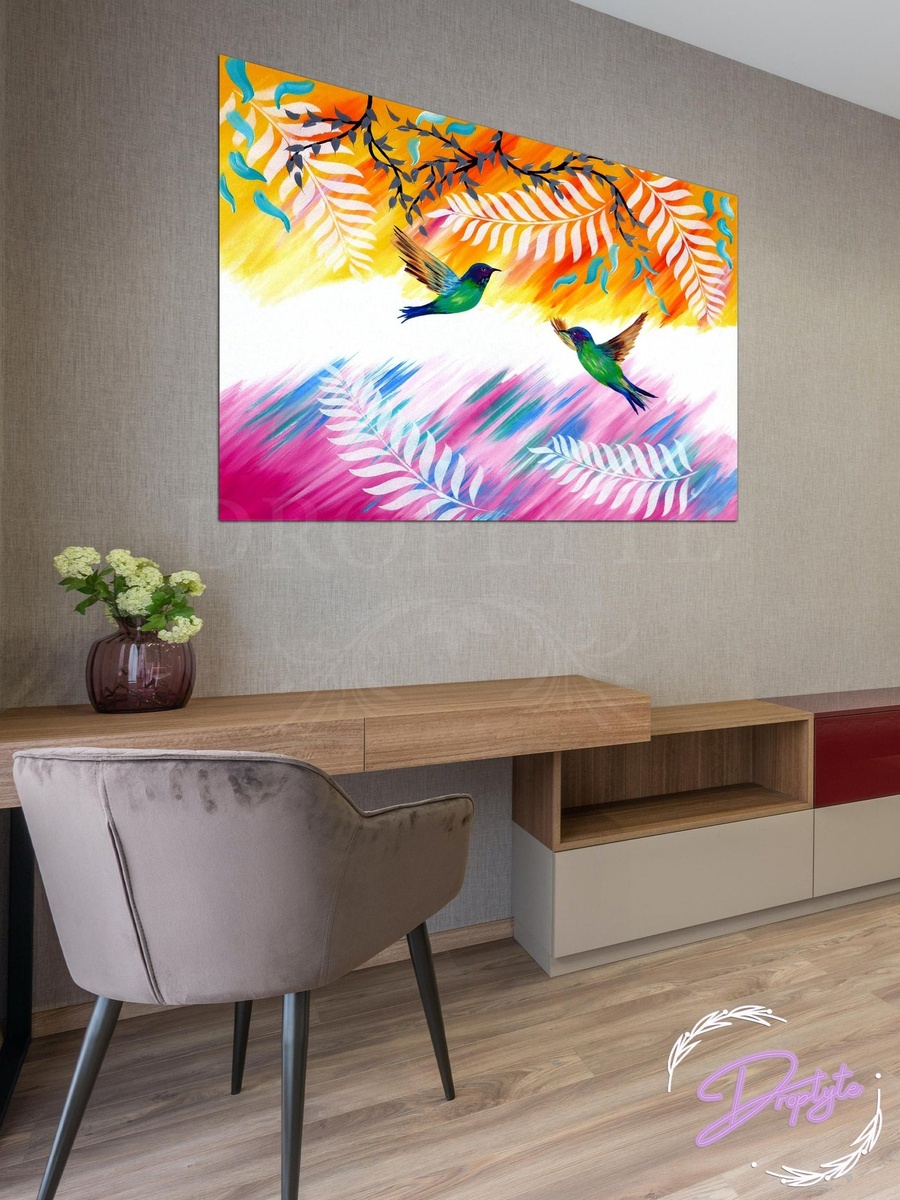 Sparrows and Leaves Painting Decorative Wall Art, 60cm x 40cm
