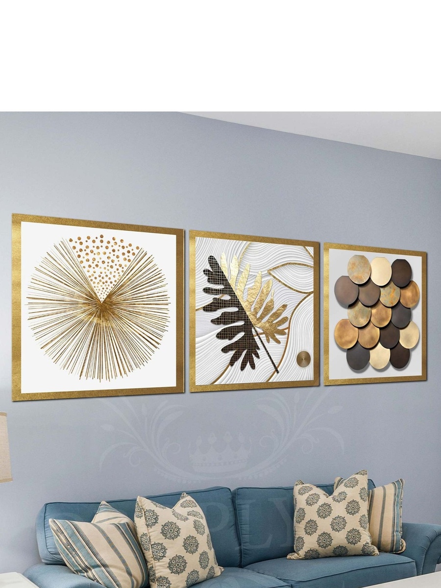 3-Piece Golden and Black Abstract Digital Art Decorative Wall Art 120cm x 40cm