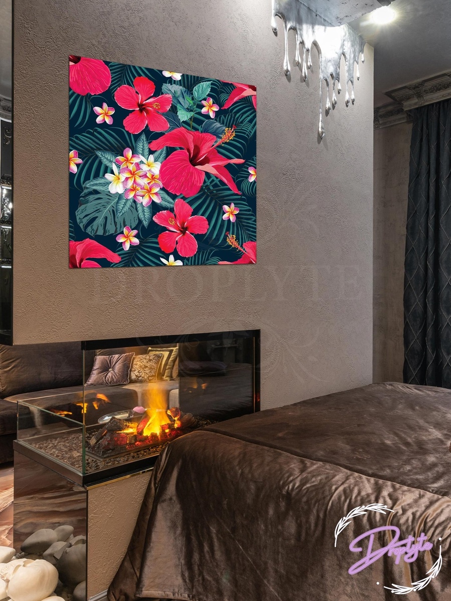 Leaves and Red Flowers Digital Painting Decorative Wall Art, 50cm x 50cm
