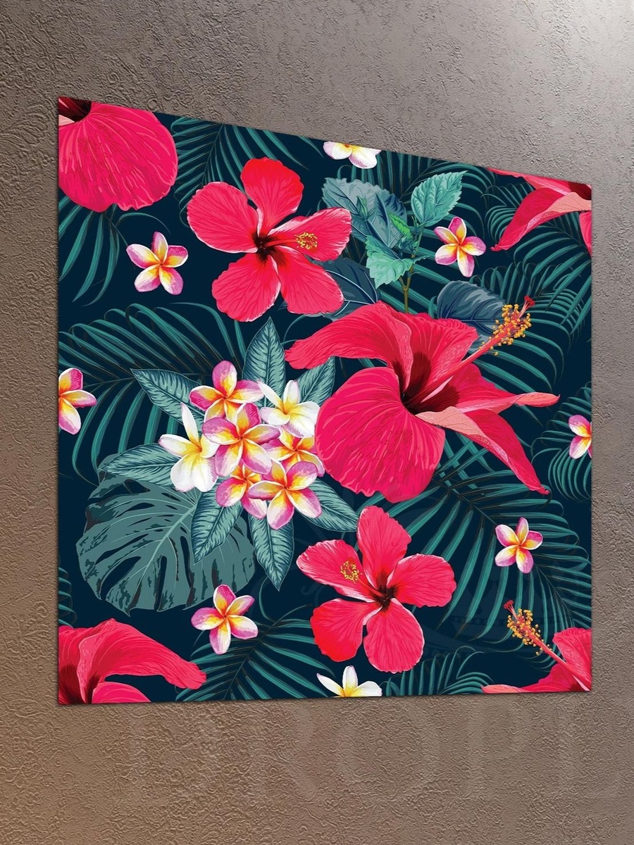 Leaves and Red Flowers Digital Painting Decorative Wall Art, 50cm x 50cm