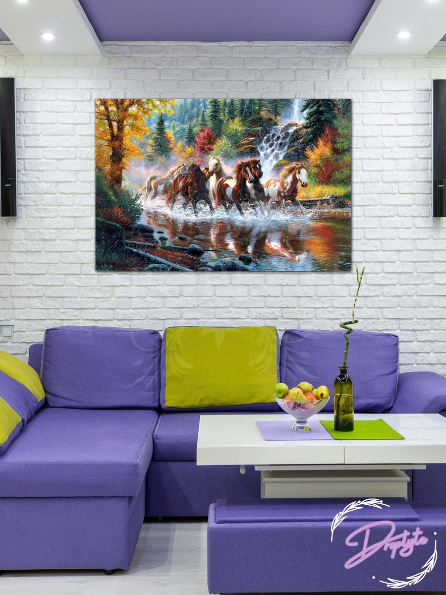 لوحة جدارية ديكورية لرسم خيول جميلة تركض في البحيرة، 60 سم × 40 سم