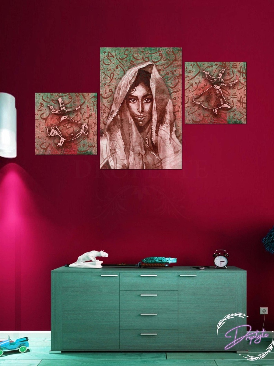 3-Piece Woman and Sufi Arabic Digital Painting Decorative Wall Art 100cm x 60cm