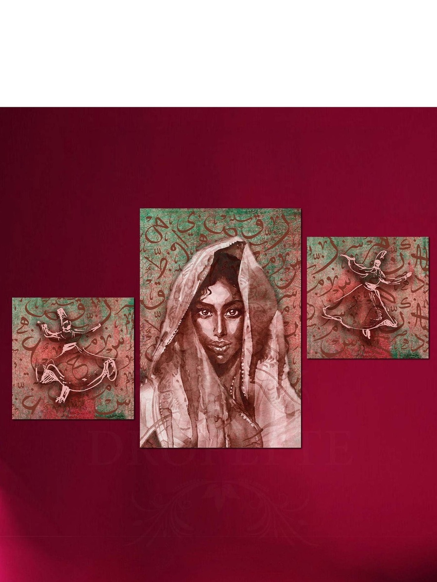 3-Piece Woman and Sufi Arabic Digital Painting Decorative Wall Art 100cm x 60cm