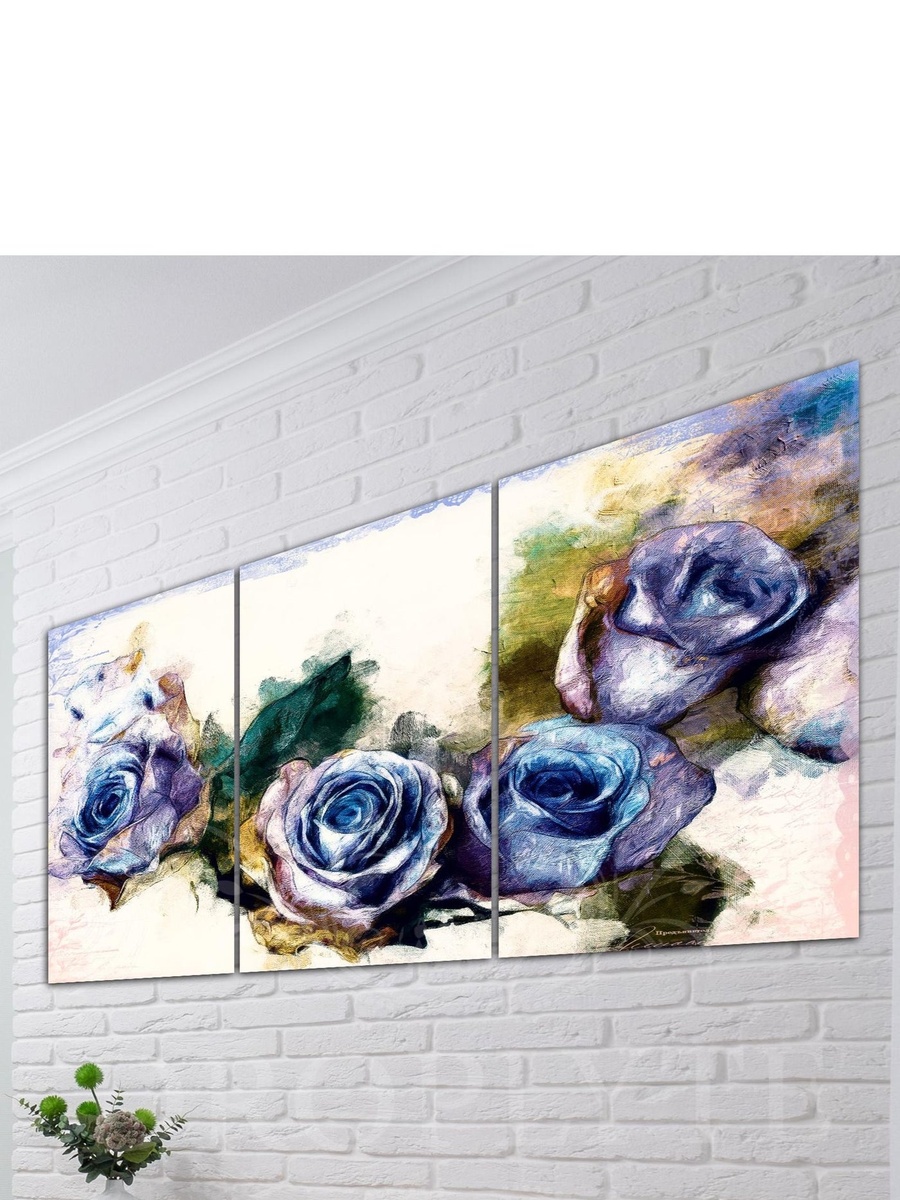 3-Piece Beautiful Blue Roses Flower Painting Decorative Wall Art, 120cm x 60cm