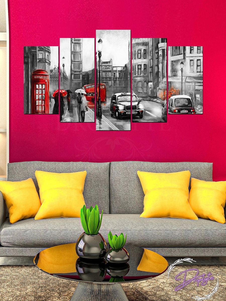 5-Piece Red and black Street Painting Decorative Wall Art 100cm x 60cm