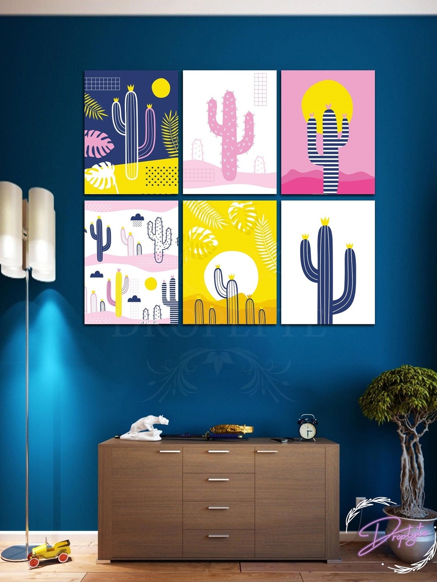 6 Piece Colored Cactus Plant and Leaves Digital Decorative Wall Art 90cm x 80cm