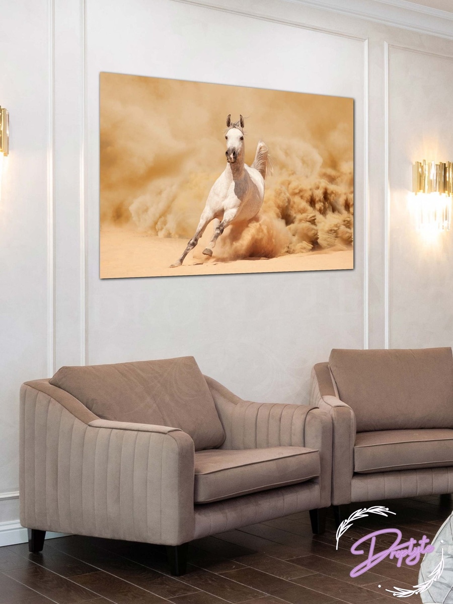 لوحة فنية جدارية ديكورية لحصان أبيض يركض في الصحراء جميلة، 60 سم × 40 سم
