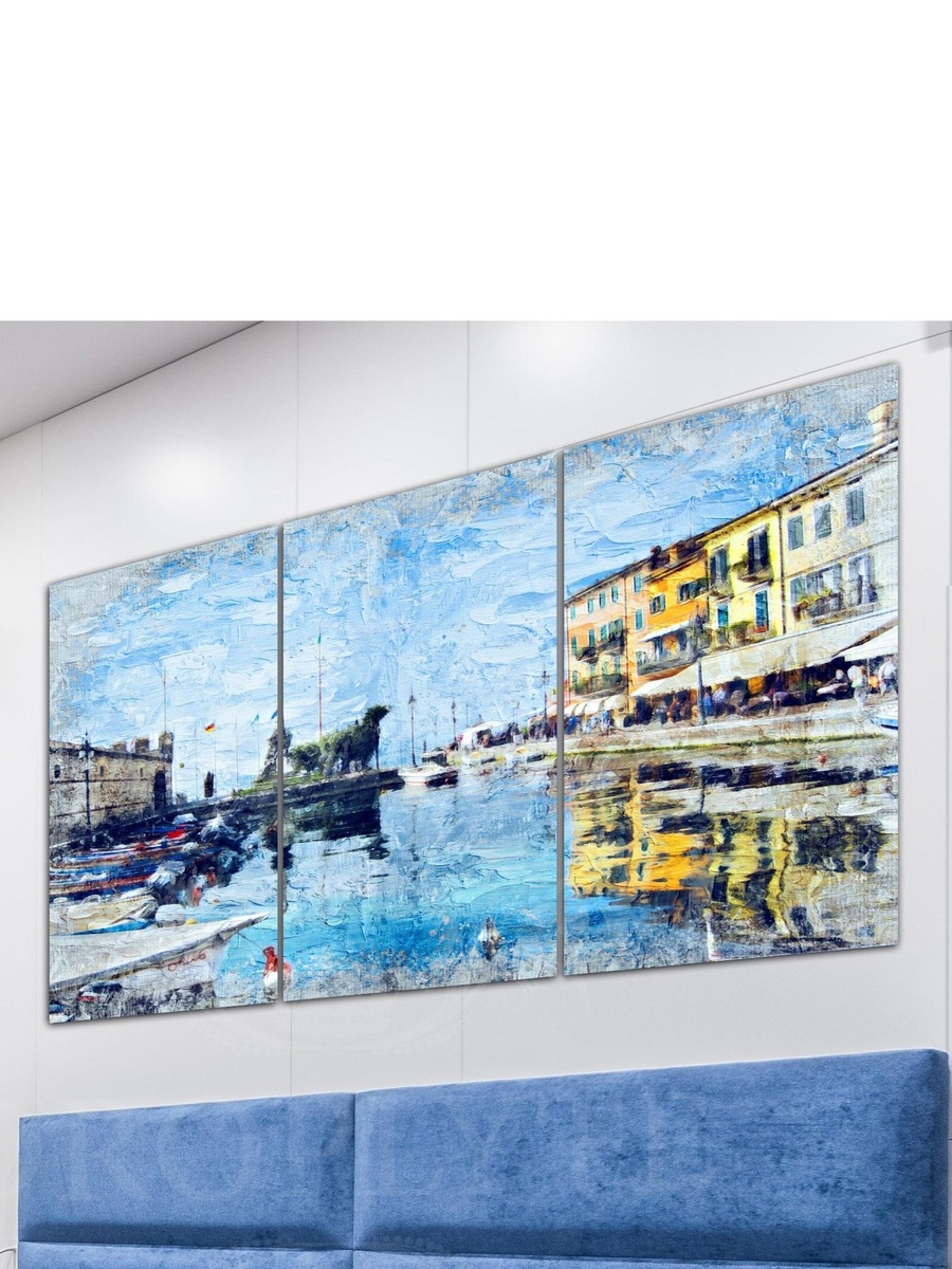 مجموعة من 3 قطع لوحة جدارية ديكورية لرسم مباني على شاطئ البحر، 120 سم × 60 سم