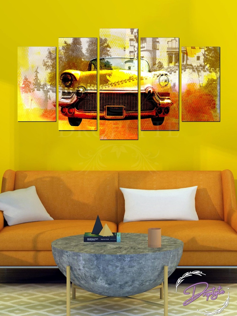 5-Piece Vintage Yellow Car Decorative Wall Art 100cm x 60cm