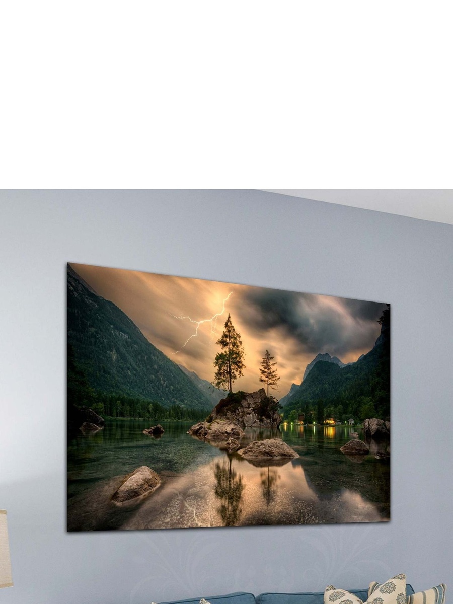 لوحة جدارية ديكورية لانعكاس الجبال الخضراء في البحر، 60 سم × 40 سم