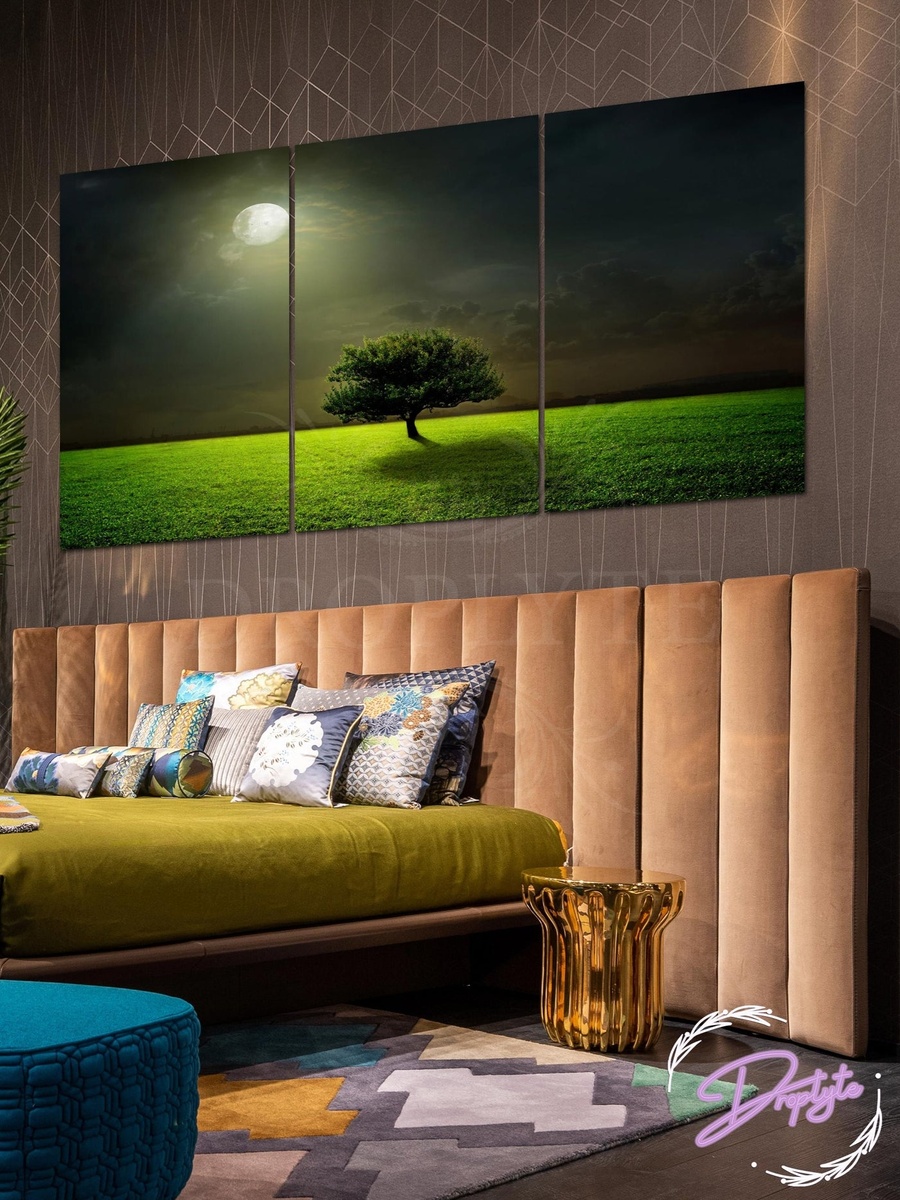3-Piece Tree and Fields In Full Moon Night Decorative Wall Art, 120cm x 60cm