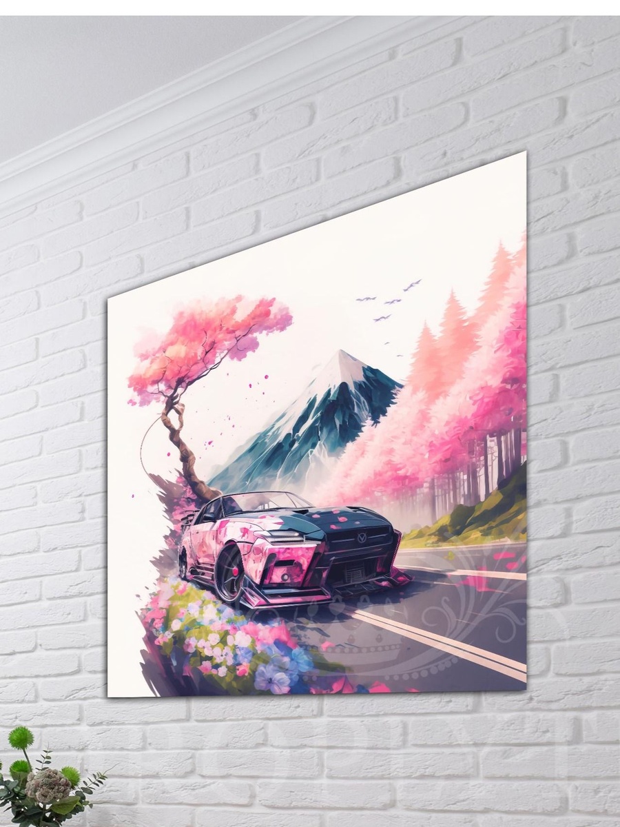 لوحة جدارية ديكورية لعمل فني رقمي لسيارة وردية وجبل، 50 سم × 50 سم