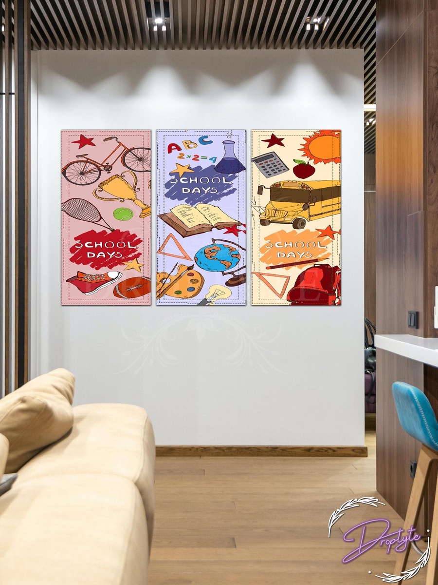 لوحة جدارية ديكورية لمجموعة من 3 قطع لأيام المدرسة، 90 سم × 60 سم
