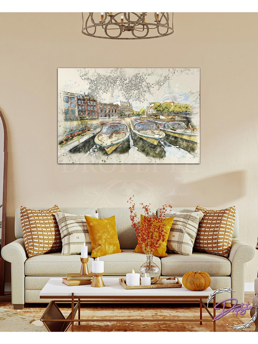 لوحة جدارية ديكورية لرسم قوارب ومبنى جميل، 60 سم × 40 سم