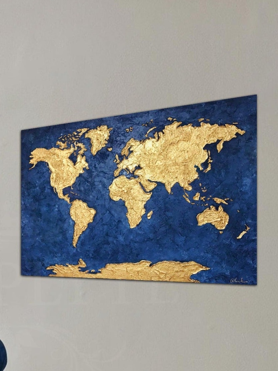 لوحة فنية جدارية ديكورية مجردة لخريطة العالم باللونين الأزرق والذهبي، 60 سم × 40 سم