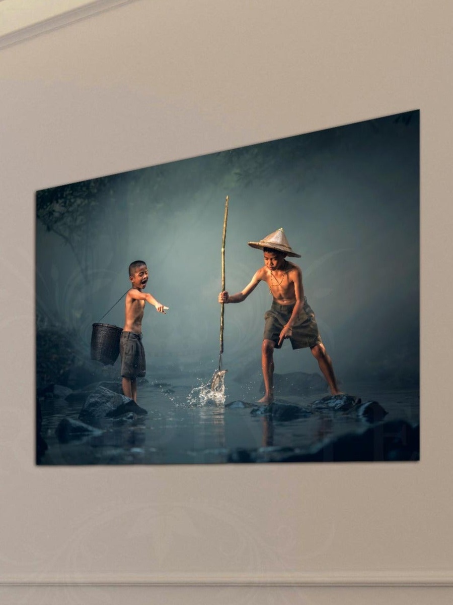 لوحة جدارية لأولاد يصطادون السمك مع إطار خشب، 40 سم × 30 سم