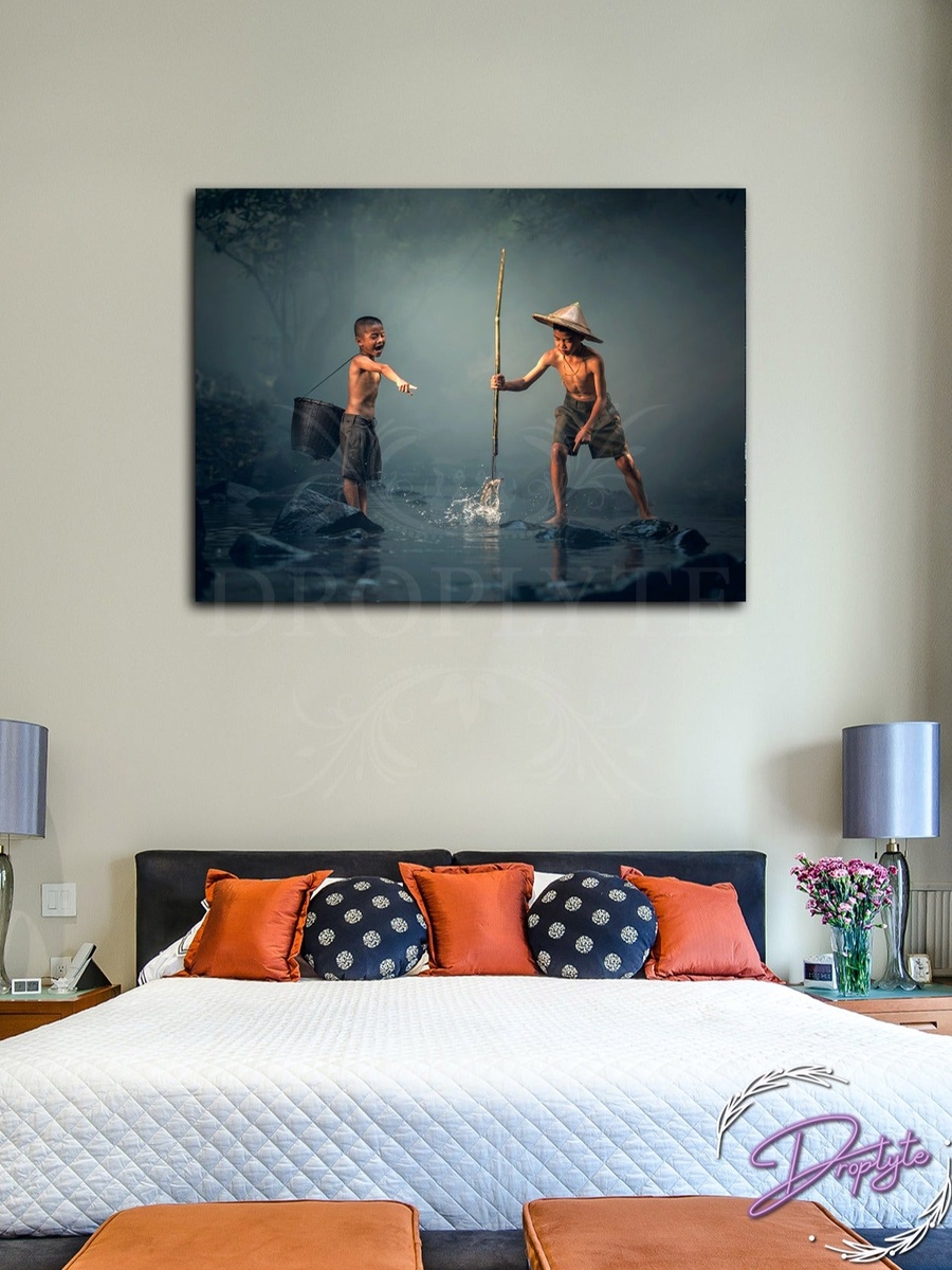 لوحة جدارية لأولاد يصطادون السمك مع إطار خشب، 40 سم × 30 سم
