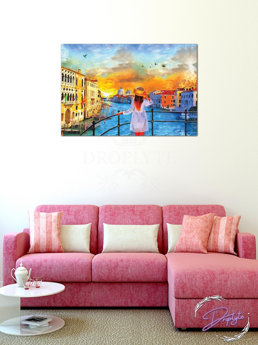 لوحة جدارية لرسم فتاة جميلة على الجسر مع إطار خشب، 60 سم × 40 سم