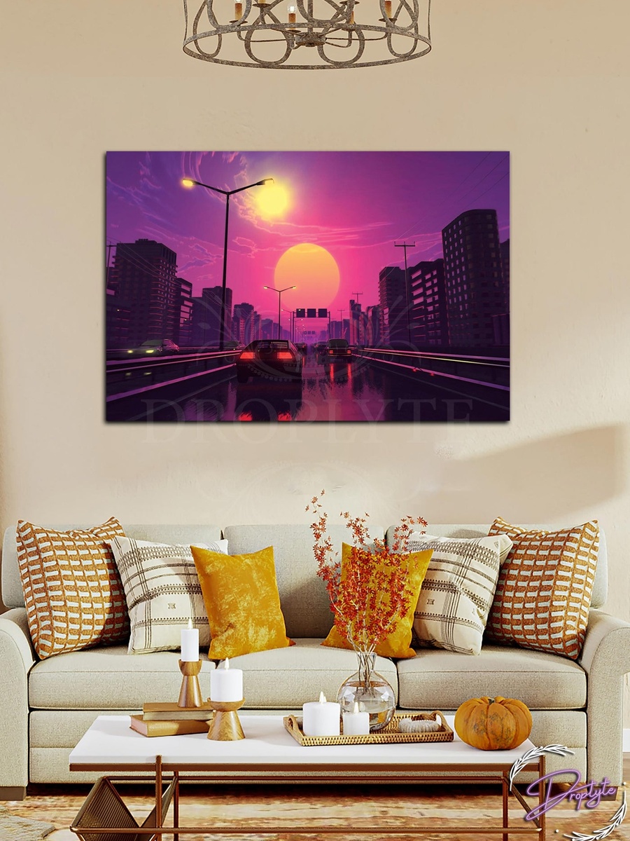لوحة جدارية لسيارة جميلة في المساء مع إطار خشب، 60 سم × 40 سم
