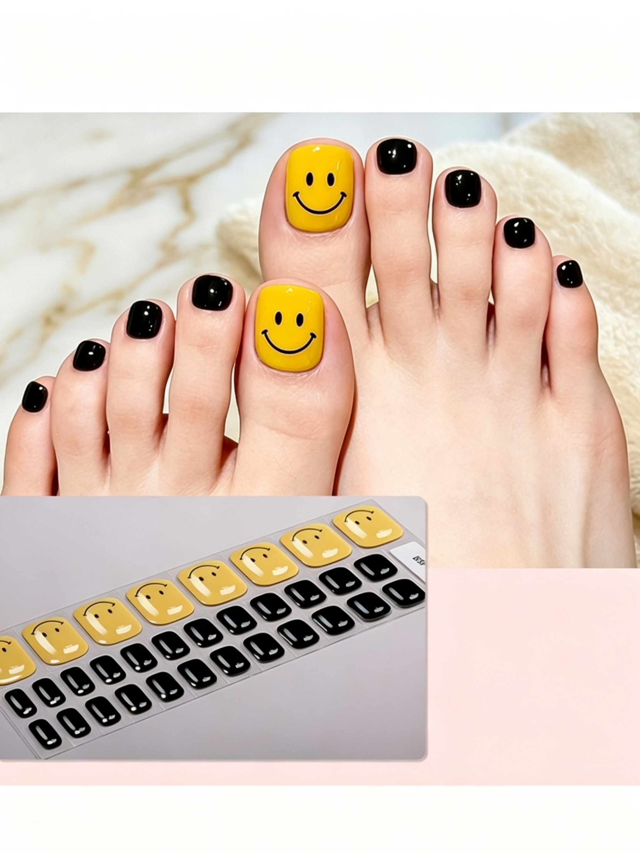 ملصقات أظافر للقدم سوداء بتصميم وجه مبتسم