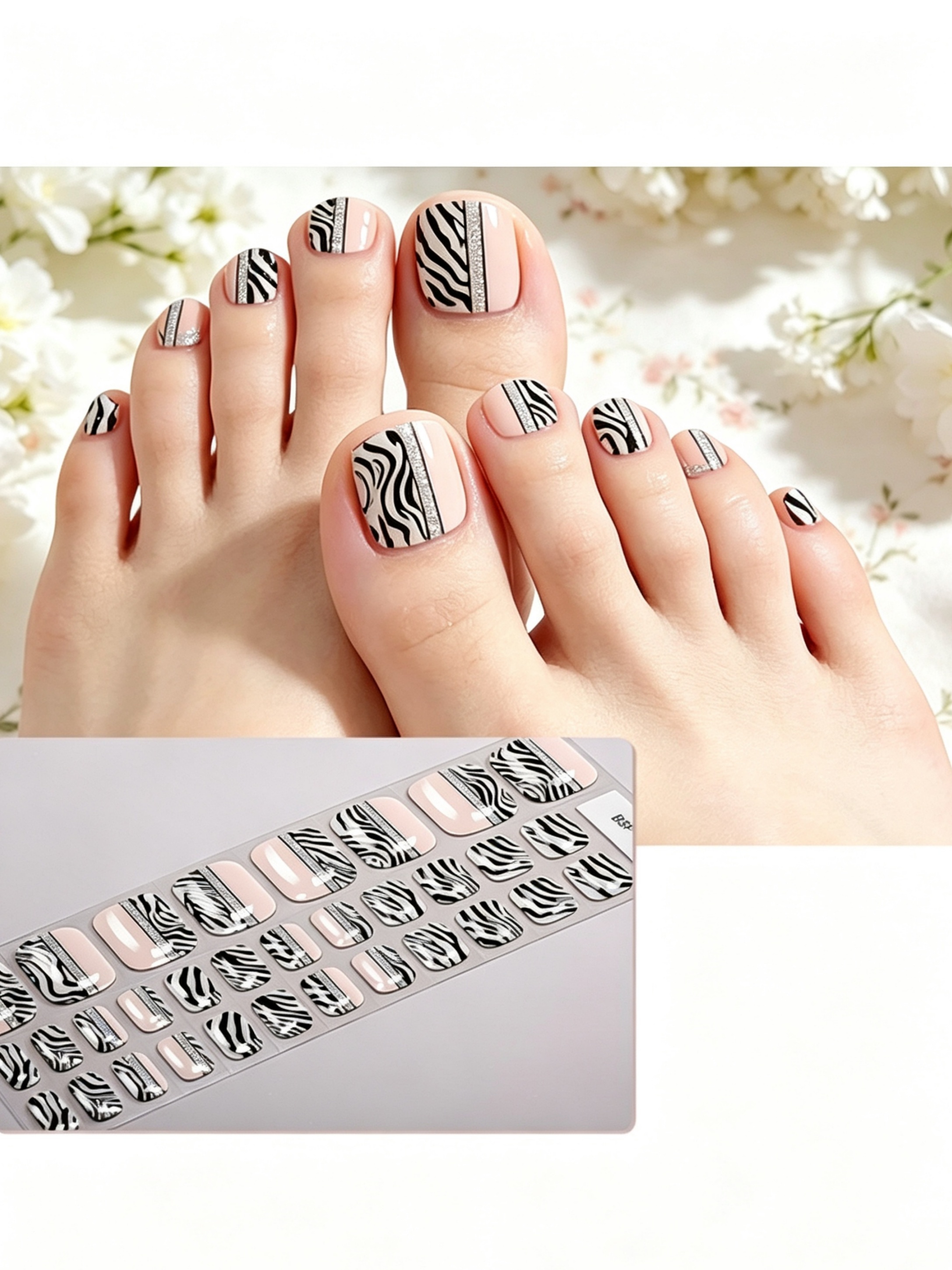 Zebra Stripe Glitter Toe Nail Wraps