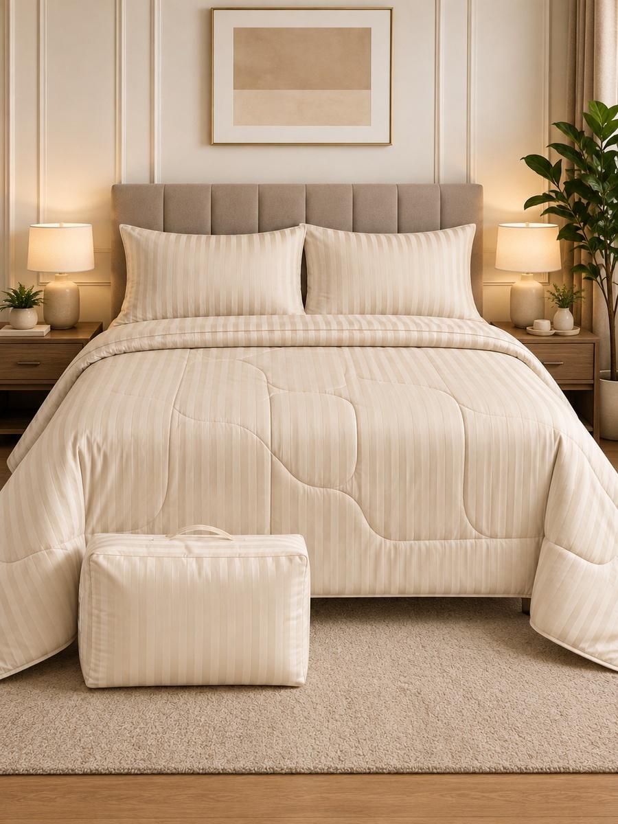 3-Piece Cotton Ease King Comforter Set 220x240 cm - Beige