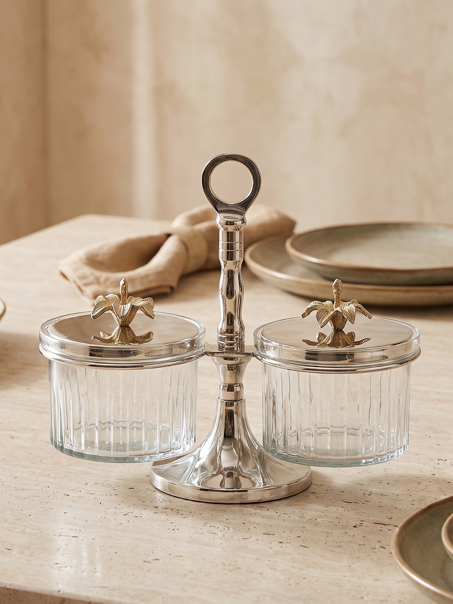 Floral 2-Piece Metal Jar Holder with Lid and Stand - 22x10 cm