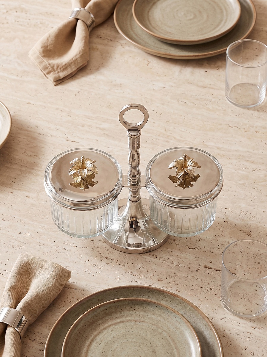 Floral 2-Piece Metal Jar Holder with Lid and Stand - 22x10 cm
