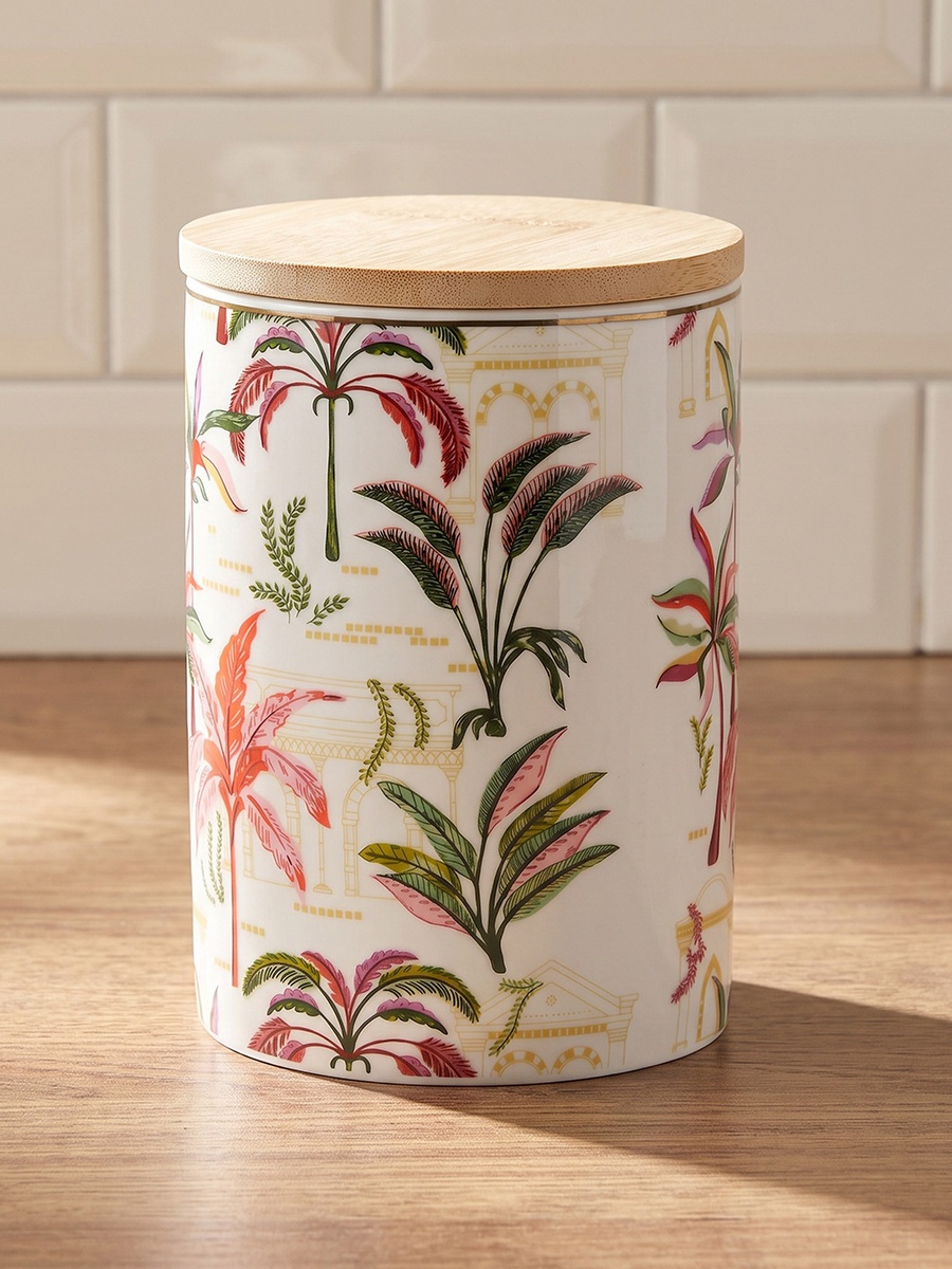 Tropical Print New Bone China Jar with Bamboo Lid - 600 ml